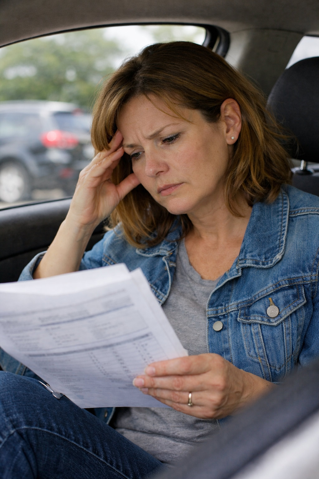 Woman reviewing lab results in her car